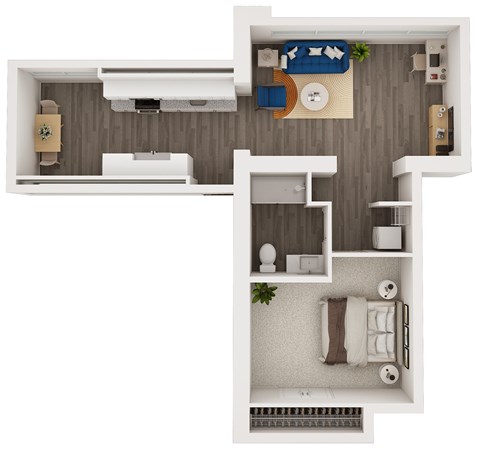 A top-down view of a small apartment with a bedroom and a kitchen.